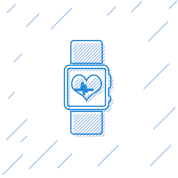 Niebieski inteligentny zegarek pokazujący rytm rytmu serca ikona linii na białym tle. Koncepcja aplikacji fitness. Ilustracja wektorowa - Wektor, obraz