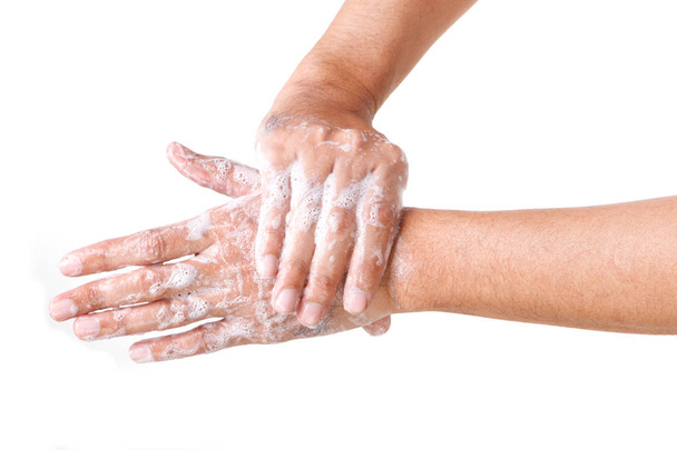 手を掃除する。手を洗う白い背景に隔離. - 写真・画像
