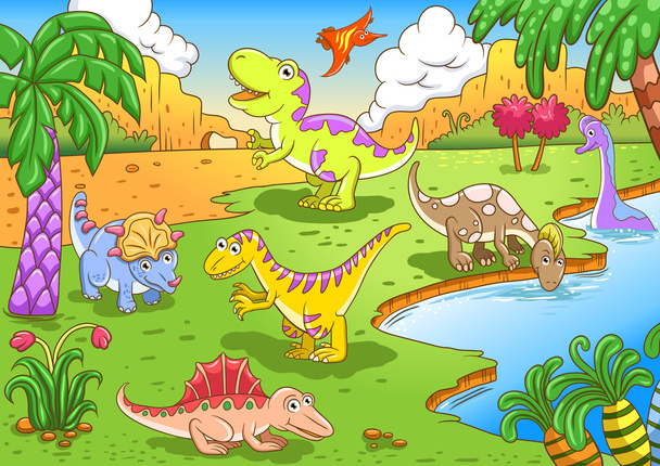 słodkie dinozaury w prehistorycznej scenie - Wektor, obraz