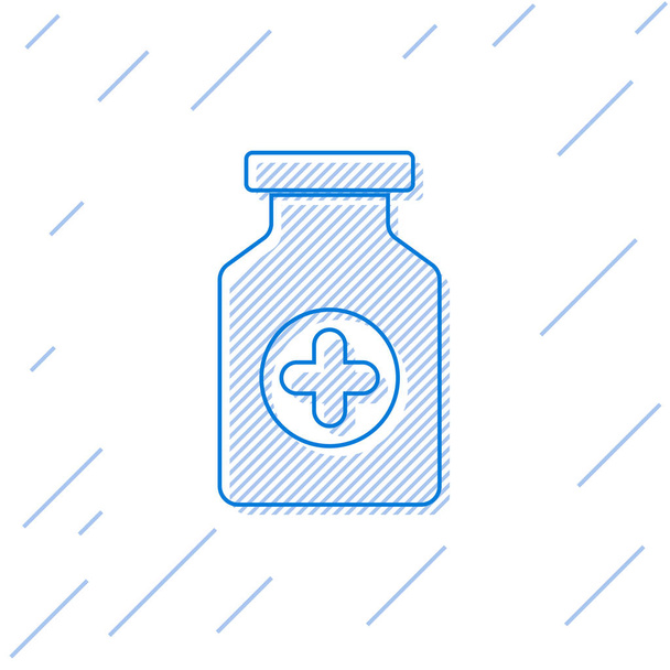 Linea bottiglia icona blu Medicine isolata su sfondo bianco. Segno della pillola della bottiglia. Design della farmacia. Illustrazione vettoriale
 - Vettoriali, immagini