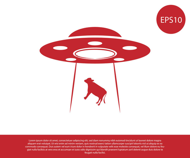 Red UFO abducts cow icon isolated on white background. Flying saucer. Alien space ship. Futuristic unknown flying object. Vector Illustration - Vector, Image