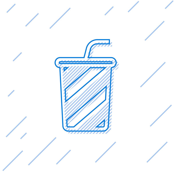 Niebieskie szkło z ikoną linii wodnej na białym tle. Soda napój szklany ze słomy pitnej. Symbol świeżego napoju zimnego. Ilustracja wektorowa - Wektor, obraz