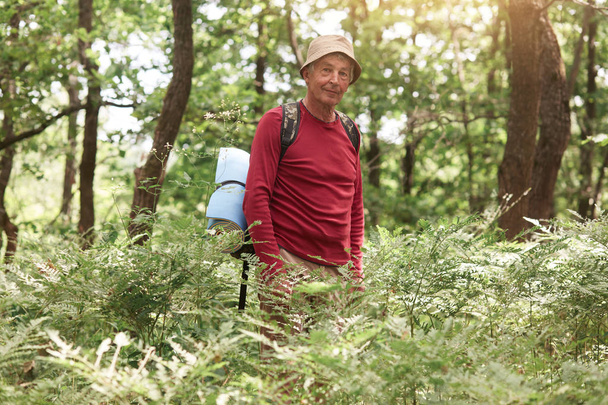 Image of well organised handsome old tourist being alone in forest, spending his free time with pleasure, having pleasant facial expression, standing around green trees. Active lifestyle concept. - Фото, зображення