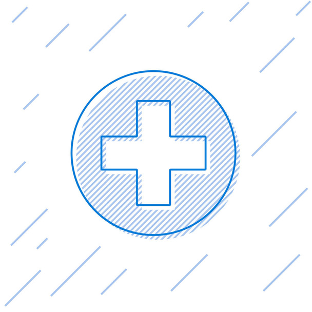 Blue Medical cruz em círculo ícone de linha isolado no fundo branco. Símbolo médico de primeiros socorros. Ilustração vetorial
 - Vetor, Imagem