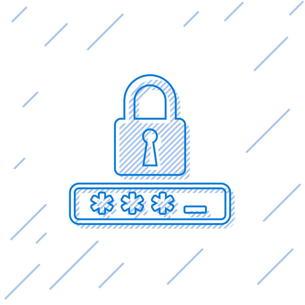 Блакитна піктограма захисту паролів та лінії доступу безпеки ізольовано на білому тлі. Заблокувати значок. Безпека, безпека, захист, концепція приватності. Векторна ілюстрація
 - Вектор, зображення