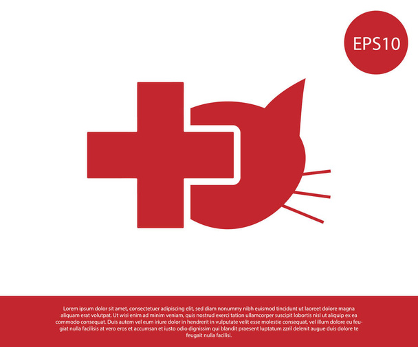 Rode veterinaire kliniek symbool pictogram geïsoleerd op witte achtergrond. Cross met Cat veterinaire zorg. Huisdier eerste hulp teken. Vector illustratie - Vector, afbeelding