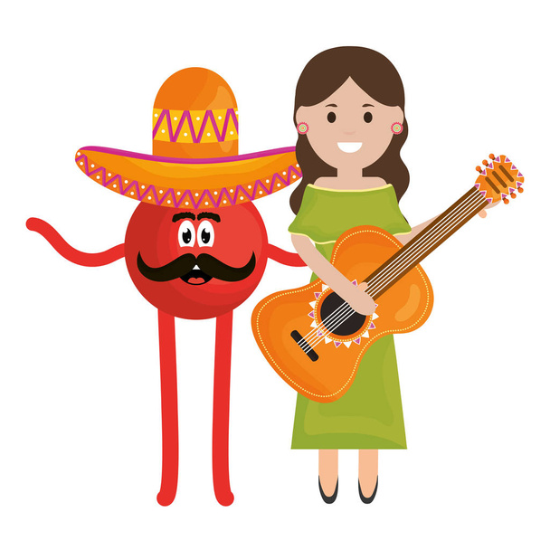 piękna Meksykańska kobieta gra na gitarze z emotikonami - Wektor, obraz