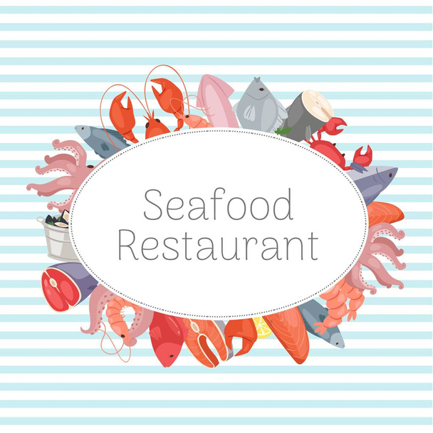 Seafood restaurant banner, poster vector illustration. Fish salmon steak with lemon, shrimp, squid, octopus, lobster with crabs and tuna. Fresh products for restaurants and cafes. - Vektori, kuva
