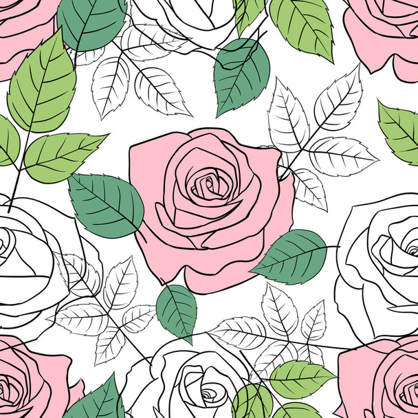 безшовний візерунок з рожевими та білими трояндами
 - Вектор, зображення