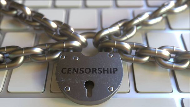 Chains and lock with CENSORSHIP text on the computer keyboard. Conceptual 3D rendering - Photo, Image