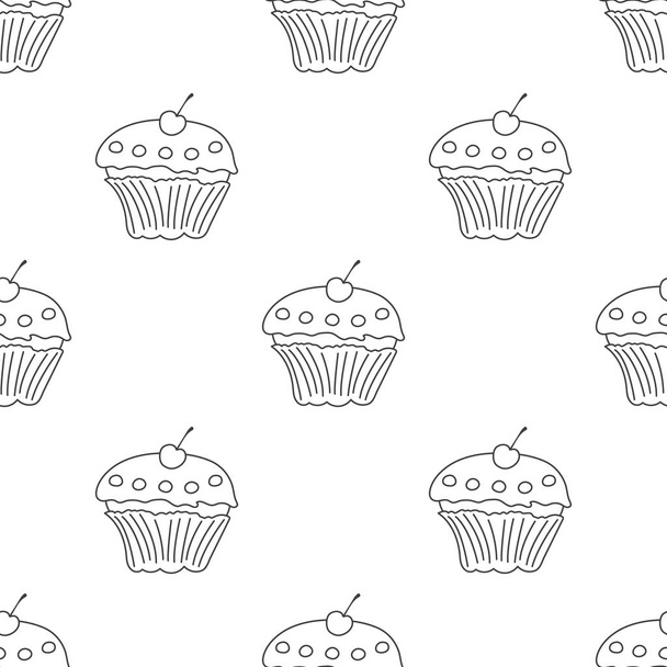 Patrón sin costuras con contorno cupcake y cereza sobre fondo blanco. Comida dulce. Ilustración vectorial para diseño, tela, papel de embalaje, tela, papel pintado
. - Vector, imagen