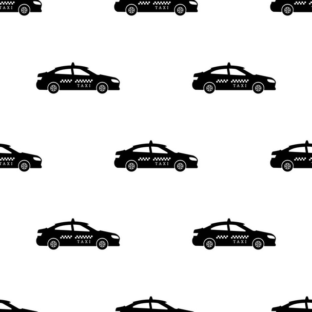 Seamless pattern with taxi car on white background. Transportation concept. Black silhouette of taxi. Vector illustration for design, web, wrapping paper, fabric. - Vector, Image
