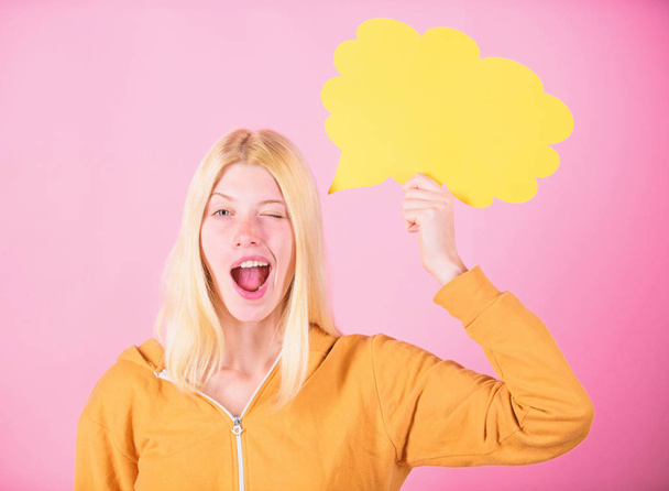 Idea and inspiration. Idea and brainstorming concept. Girl cute blonde with speech bubble. What is on her mind. Create idea. Thoughts of cheerful adorable woman. Ideas and thoughts copy space - Foto, Imagem