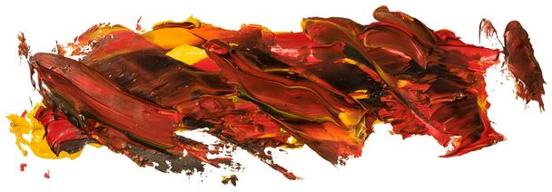 Dark red with black and splashes of yellow. vector oil brush stroke. Abstract varnish splash trace shape. Glossy oil paint smear on white background. Eps 10 vector illustration. - Vector, Image