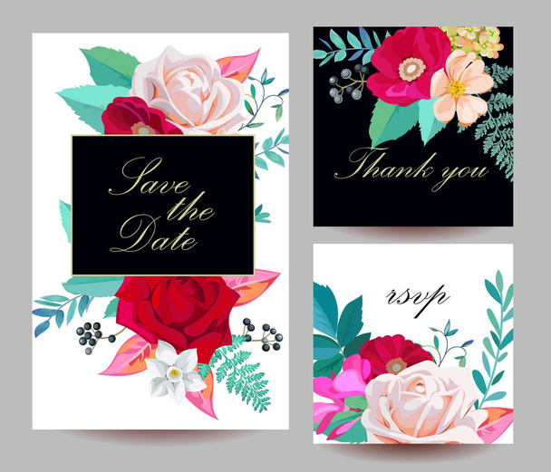 Set of wedding invitations with bunch of roses and brier in watercolor imitation - Vector, Image