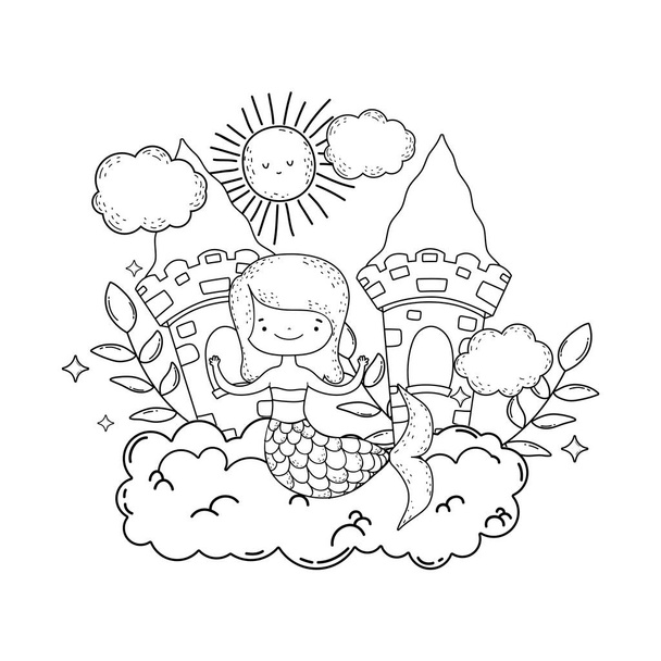 χαριτωμένο γοργόνα με κάστρο στο σύννεφο - Διάνυσμα, εικόνα