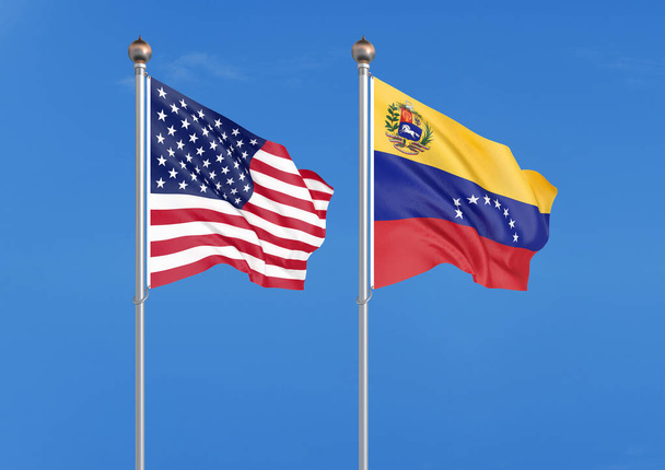 Сполучені Штати Америки проти Венесуели. Товсті кольорові шовковистою прапорами Америки та Аргентини. 3D ілюстрація на тлі Sky ілюстрація - Фото, зображення