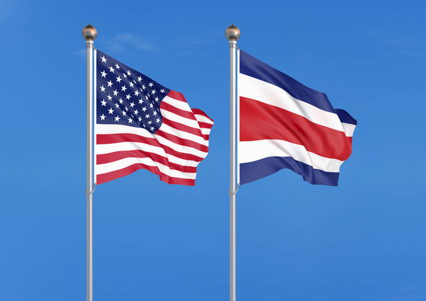 Сполучені Штати Америки проти Коста-Ріки. Товсті кольорові шовковистою прапорами Америки і Коста-Ріки. 3D ілюстрація на тлі неба-ілюстрація - Фото, зображення