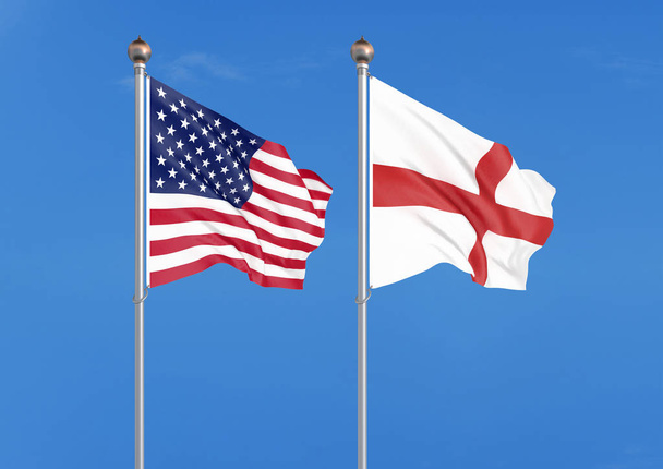Сполучені Штати Америки проти Англії. Товсті кольорові шовковистою прапорами Америки та Англії. 3D ілюстрація на тлі Sky ілюстрація - Фото, зображення