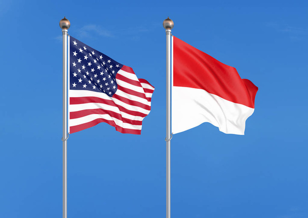Сполучені Штати Америки проти Індонезії. Товсті кольорові шовковистою прапорами Америки та Індонезії. 3D ілюстрація на тлі неба-ілюстрація - Фото, зображення