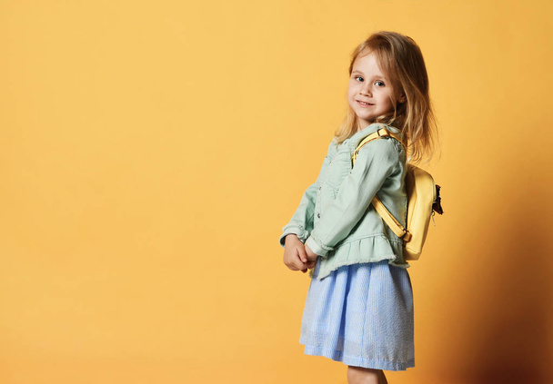 Full length portrait of a cute little child girl in a stylish dress and denim. - Photo, Image