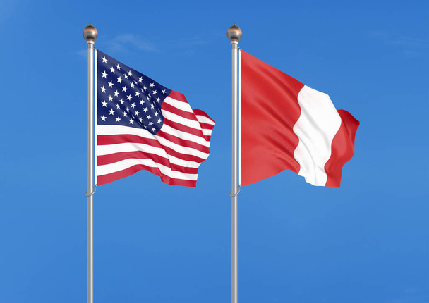 アメリカ vs ペルー.アメリカとペルーの厚い色の絹のような旗。空の背景に3Dイラスト - イラスト - 写真・画像