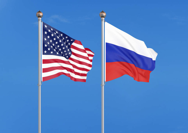 vereinigte staaten von amerika gegen russland. dicke farbige seidene Flaggen Amerikas und Russlands. 3D Illustration auf Himmelshintergrund - Illustration - Foto, Bild