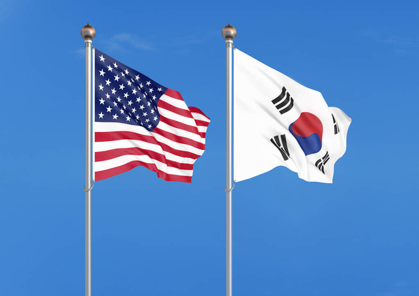 アメリカ vs 韓国.アメリカと韓国の濃い色の絹のような旗。空の背景に3Dイラスト - イラスト - 写真・画像