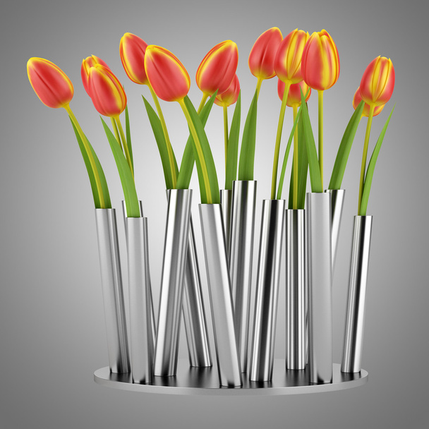 tulips in modern metallic vase isolated on gray background - Fotoğraf, Görsel