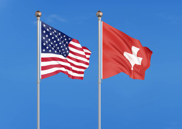 Verenigde Staten van Amerika VS Zwitserland. Dikke gekleurde zijdeachtige vlaggen van Amerika en Zwitserland. 3D-illustratie op Sky achtergrond-illustratie - Foto, afbeelding