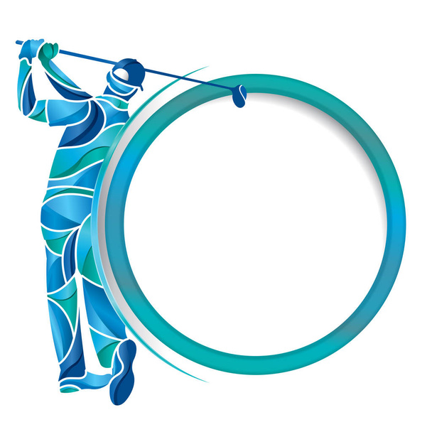 Dibujo abstracto del hombre jugando al golf con un palo de golf en manos formadas por piezas de azul, turquesa y azul claro en el lado izquierdo de un marco redondo con fondo blanco. Imagen vectorial
 - Vector, Imagen