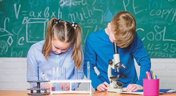 Kids study chemistry. School chemistry lesson. School laboratory. School education. Girl and boy communicate while conduct school experiment. Children studying together classroom. Chemical analysis - Photo, image