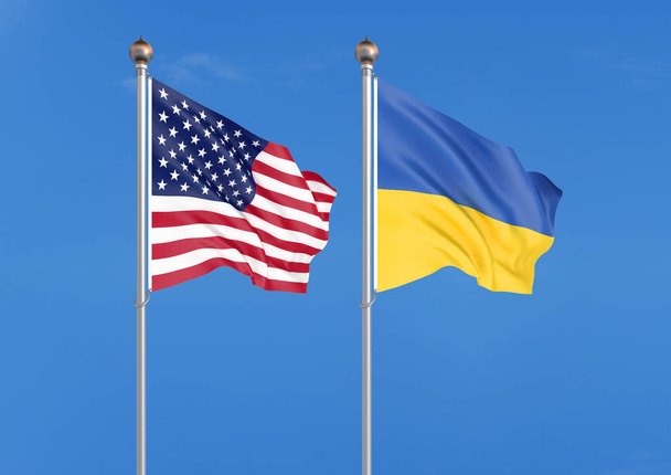 Сполучені Штати Америки проти України. Товсті кольорові шовковисте прапори Америки та України. 3D ілюстрація на тлі неба-ілюстрація - Фото, зображення
