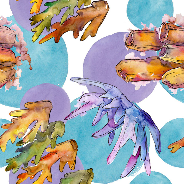 Colorful aquatic underwater nature coral reef. Watercolor illustration set. Watercolour drawing fashion aquarelle isolated. Seamless background pattern. Fabric wallpaper print texture. - 写真・画像