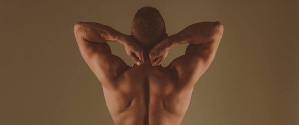 Strong and powerful. Man muscular back brown background. Athletic bodybuilder muscular divine man. Dieting and fitness. Sport and workout. Sportsman showing biceps and triceps. Achieve great shape - 写真・画像