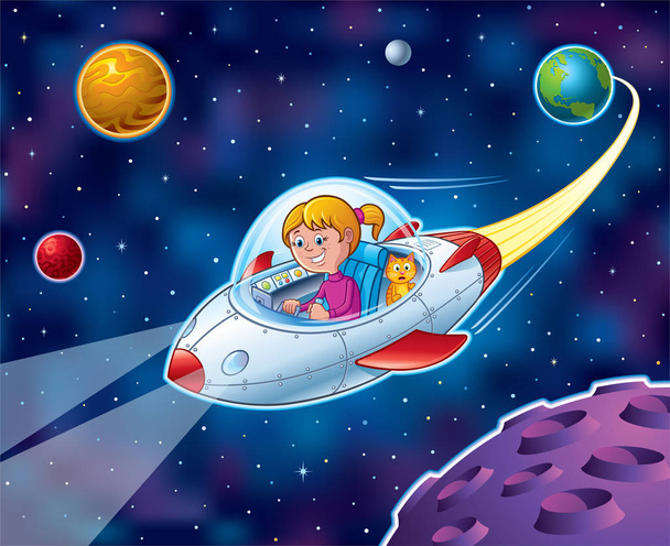 Girl Flying In Spaceship With Cat In Outer Space - Photo, Image