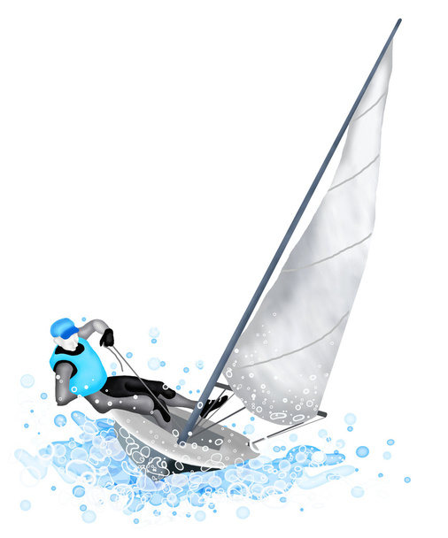 Segeln: Ein kleines Segelboot, das während einer Regatta durch eine Welle rast. - Foto, Bild