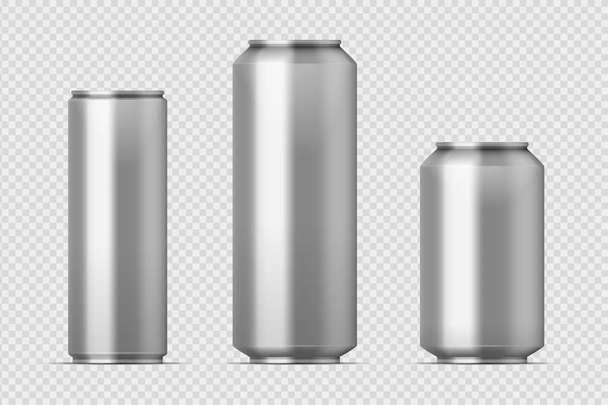 Beer can mockup. Realistic aluminum metal can for soda, different types of blank can with copy space. Vector isolated set - Vector, Image