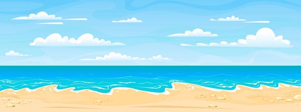 Mer plage paysage. Caricature journée ensoleillée d'été, vue sur l'océan panorama horizontal, sable d'eau et nuages. Fond de vacances vectoriel
 - Vecteur, image