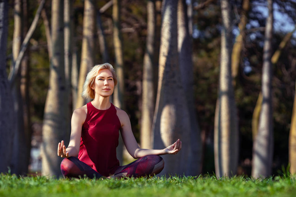 Gente guapa Mujer fitness con pelo corto y rubio haciendo yoga, concentrada y sonriente en un parque de árboles de biberones, sentada sobre la hierba. Concepto de deporte y estilo de vida saludable
 - Foto, Imagen