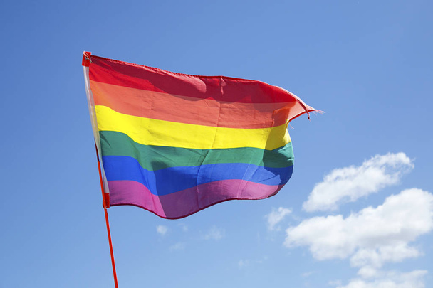 Bandeira do arco-íris em uma parada do orgulho gay pendurada em um dia ensolarado com um fundo azul do céu em apoio à diversidade e estilos de vida alternativos na comunidade
. - Foto, Imagem