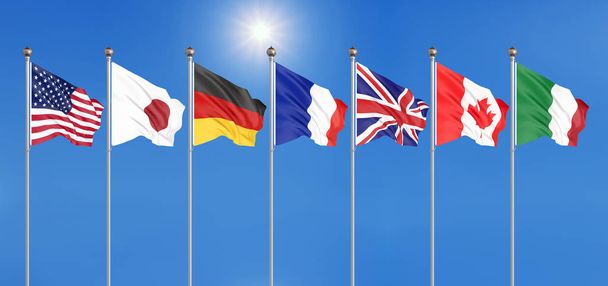 Silk mával vlajkami G7 zemí skupiny sedm kanadských států, Německa, Itálie, Francie, Japonska, USA, Spojených království. Modrá obloha pozadí. Velký G7 ve Francii 2019. 3D ilustrace - Fotografie, Obrázek