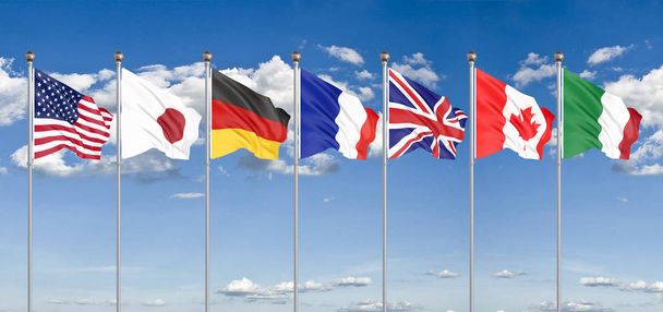 Шовковий розмахував великої сімки прапори країн групи з семи Канади, Німеччини, Італії, Франції, Японії, США Штати, Сполучене Королівство. Блакитне тло неба. Велика великої сімки у Франції 2019 3D ілюстрація - Фото, зображення