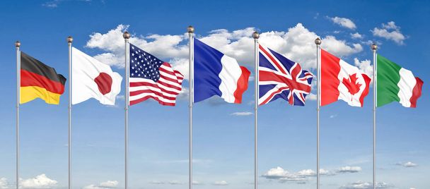Silk mával vlajkami G7 zemí skupiny sedm kanadských států, Německa, Itálie, Francie, Japonska, USA, Spojených království. Modrá obloha pozadí. Big G7 ve Francii 2019 3D ilustrace - Fotografie, Obrázek