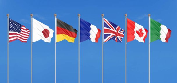 Silk waving G7 flags of countries of Group of Seven Canada, Germany, Italy, France, Japan, USA states, United Kingdom. Blue sky background. Big G7 in France 2019 3D illustration - Photo, Image