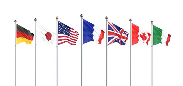 G7 bayrakları İpek Yedi Kanada Grubu Almanya İtalya Fransa Japonya Amerika Birleşik Devletleri İngiltere 2019 ülkelerin in bayrakları sallayarak. Büyük Yedi Beyaz'ı izole etti. 3d illüstrasyon - Fotoğraf, Görsel