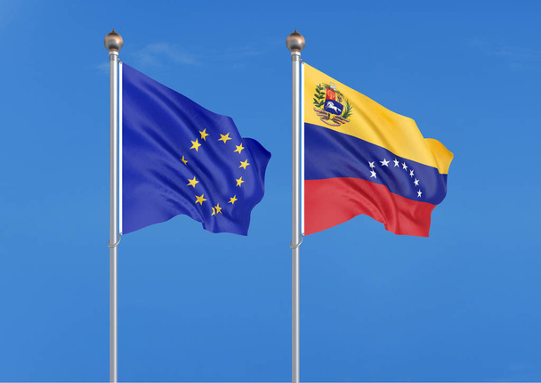 欧州連合 vs ベネズエラ.欧州連合とイスラエルの厚い色の絹のような旗。空の背景イラストに3Dイラスト - 写真・画像