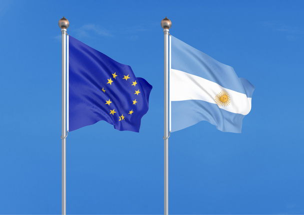 Європейський Союз проти Аргентини. Товсті кольорові шовковистою прапорами Європейського Союзу та Аргентини. 3D ілюстрація на тлі неба-ілюстрація - Фото, зображення