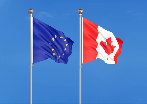 Ευρωπαϊκής Ένωσης vs Καναδά. Πυκνές έγχρωμες μεταξένια σημαίες της Ευρωπαϊκής Ένωσης και του Καναδά. εικονογράφηση 3D σε φόντο ουρανού-απεικόνιση - Φωτογραφία, εικόνα