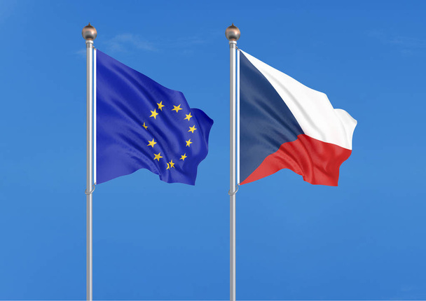 Europäische Union gegen Tschechische Republik. dicke farbige seidene Flaggen der Europäischen Union und der Tschechischen Republik. 3D Illustration auf Himmelshintergrund - Illustration - Foto, Bild